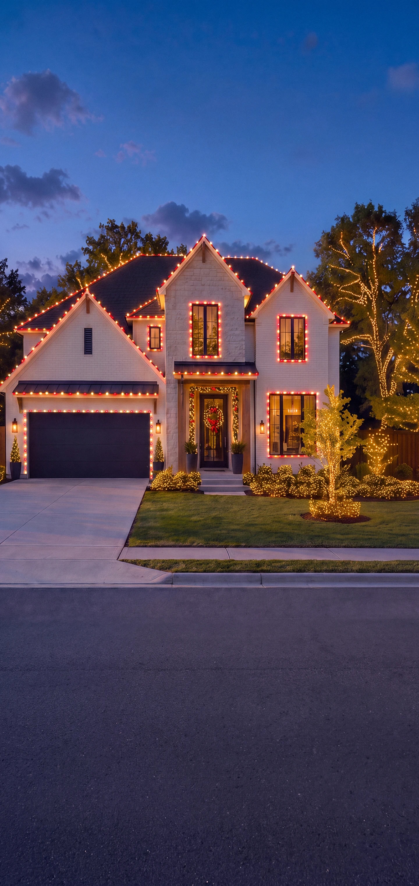 The same home at dusk with custom-cut red and warm white C9 lighting installed