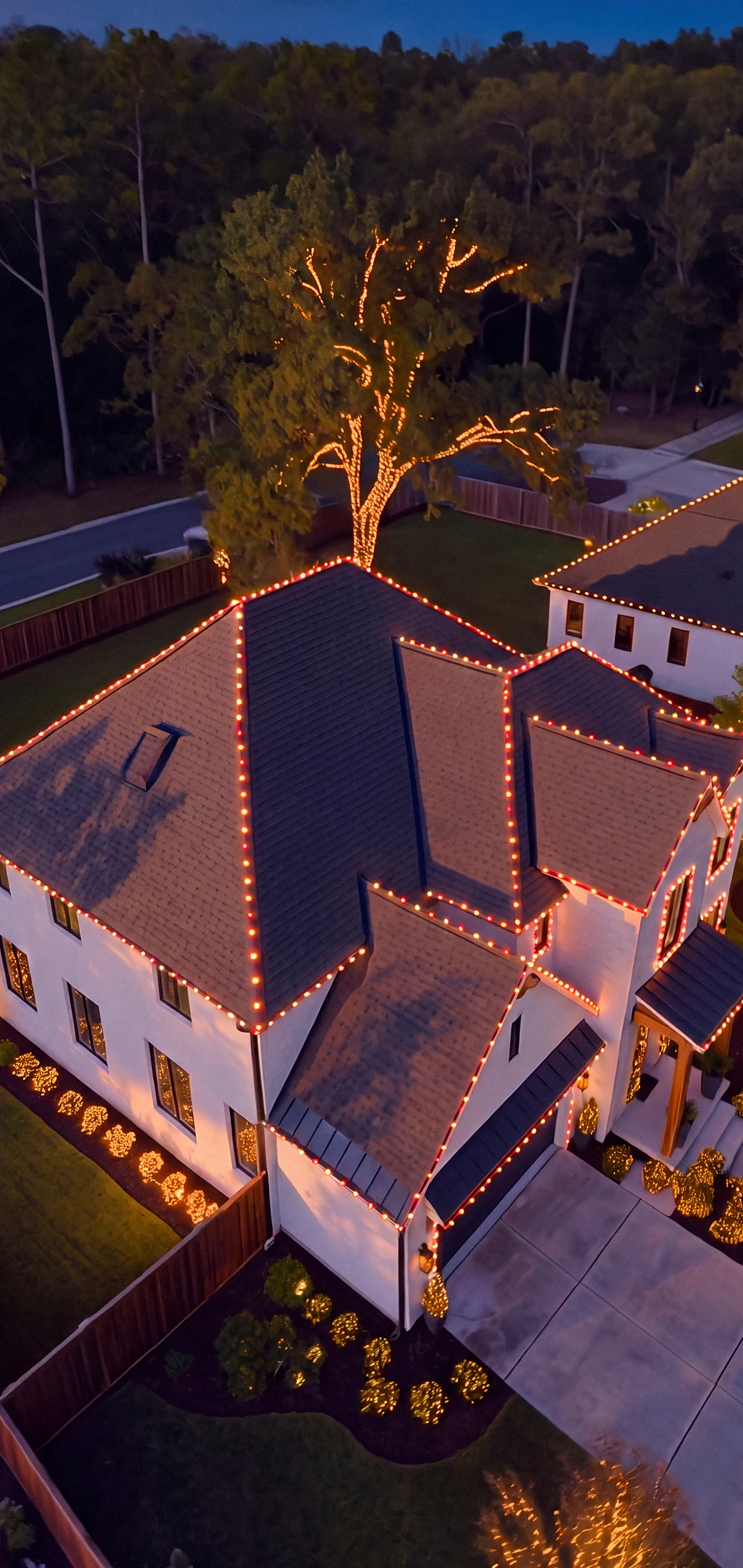 Looking down on the roof with every ridge, hip and eave outlined in lights